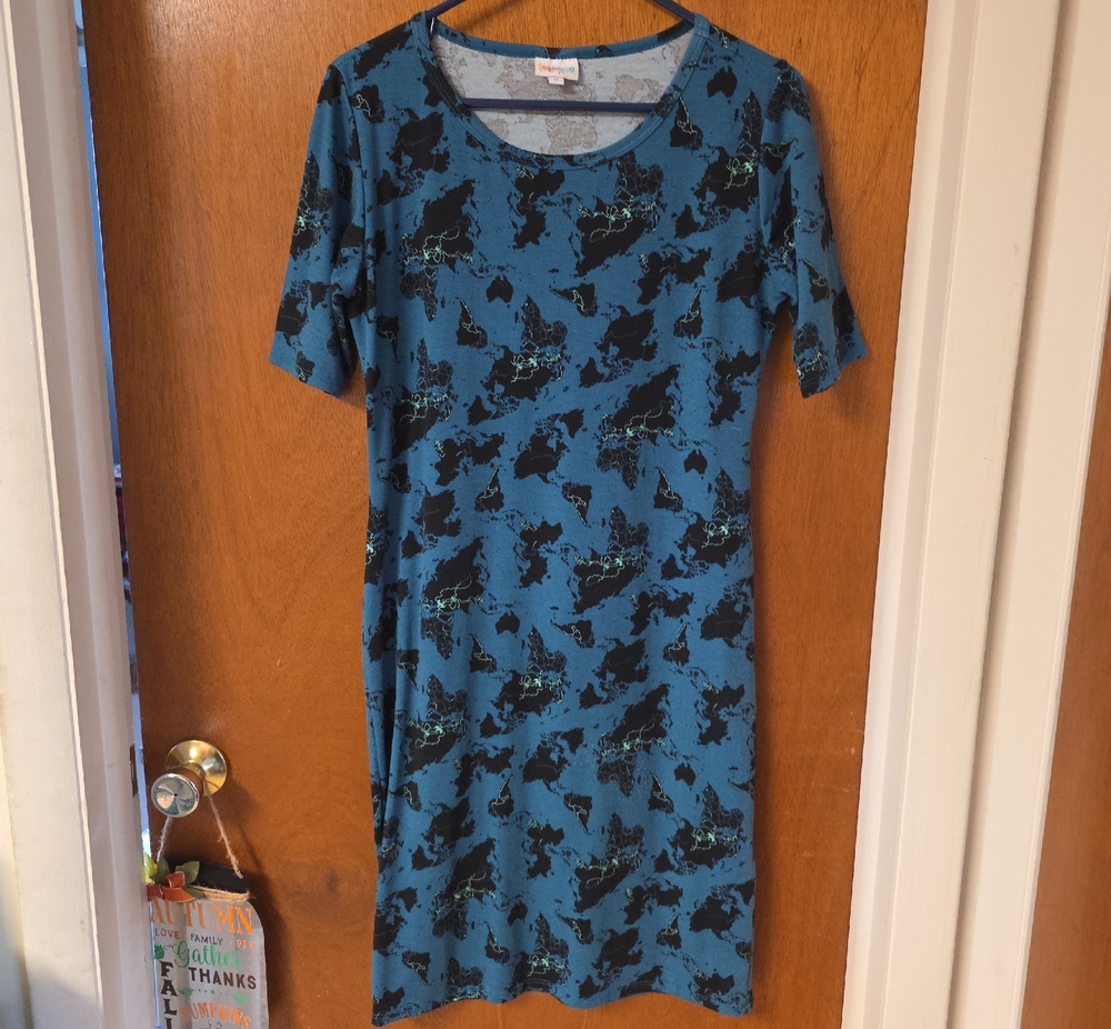 LuLaRoe "Julia" Teal Dress with Black "Globe/Map" Print
